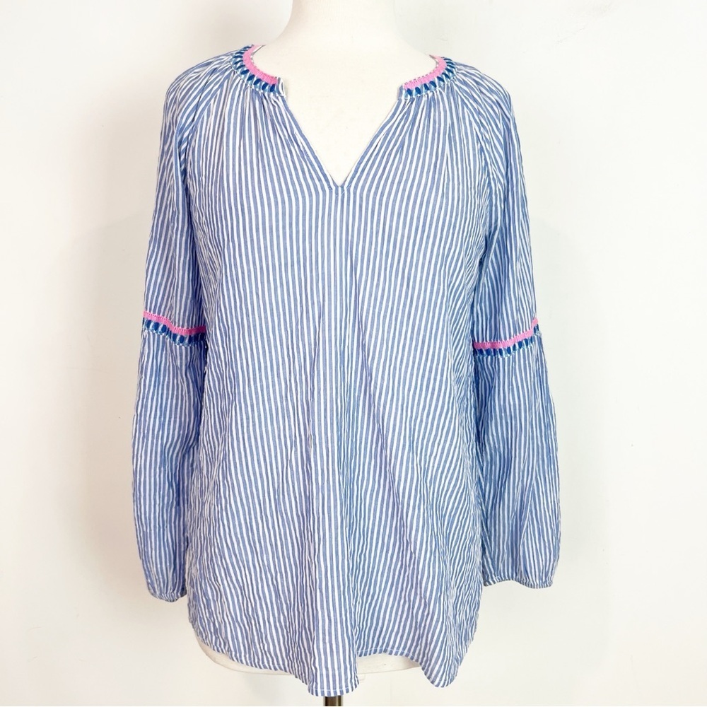LILLY PULITZER TAELYNN STRIPE TOP COASTAL BLUE V-NECK PEASANT BOHO BLOUSE SMALL - Picture 3 of 8